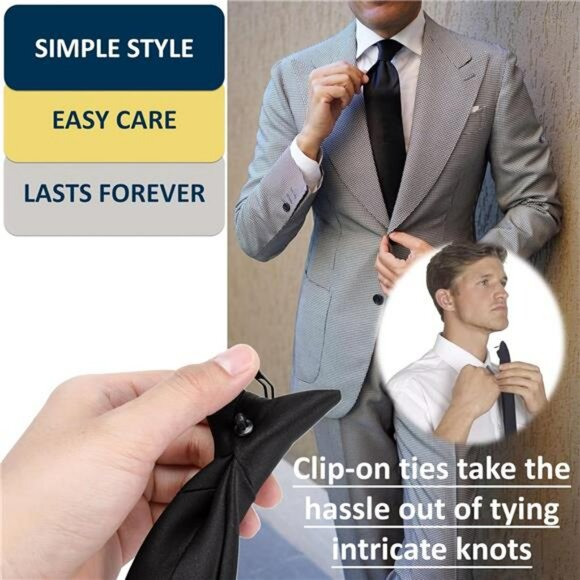 Black Clip On Ties for Men Set of 2 Pre Tied Solid Dress Business Tie - Picture 2 of 8